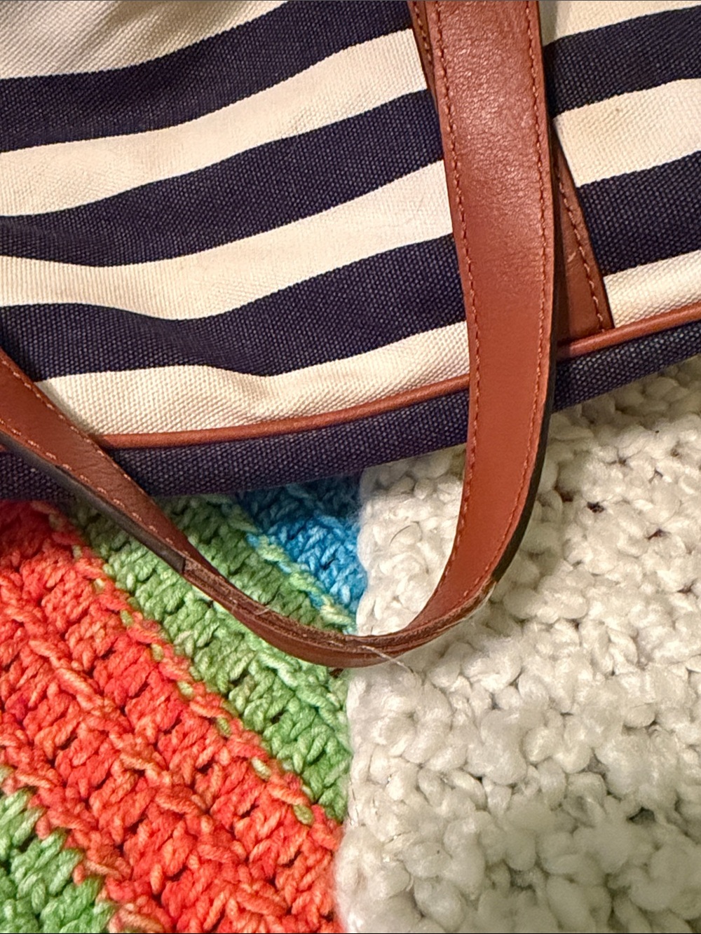 Michael Kors Navy and White Striped Tote with Brown Trim - Picture 7 of 8